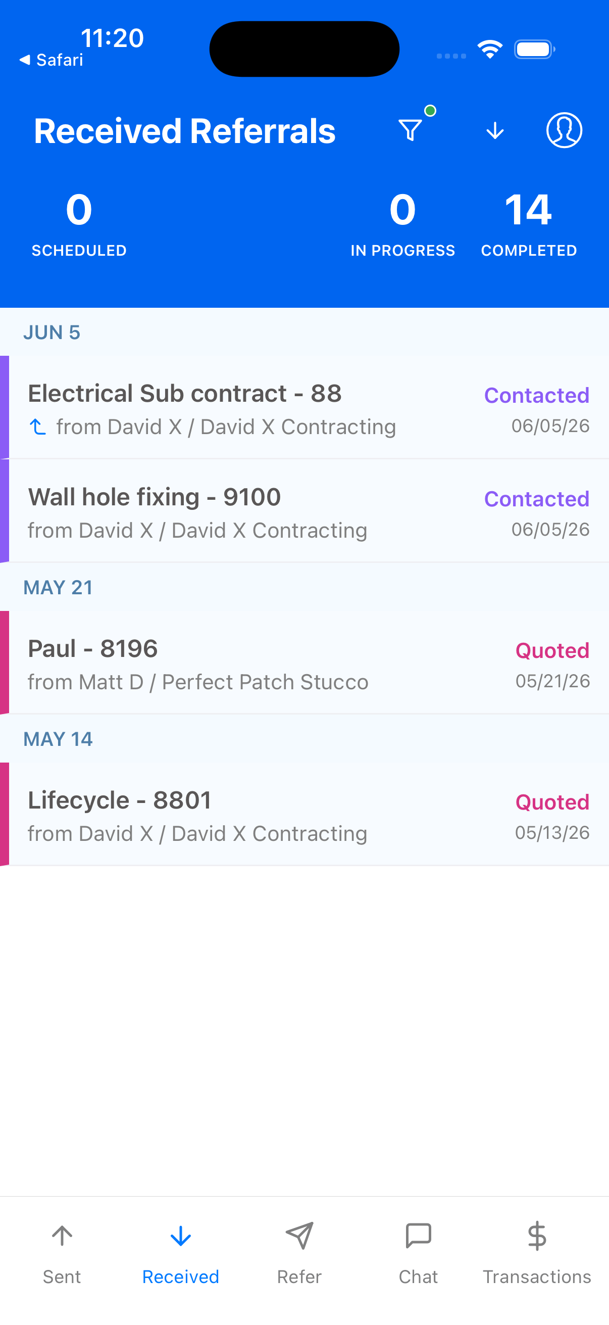 Received Referrals screen showing leads received from other contractors